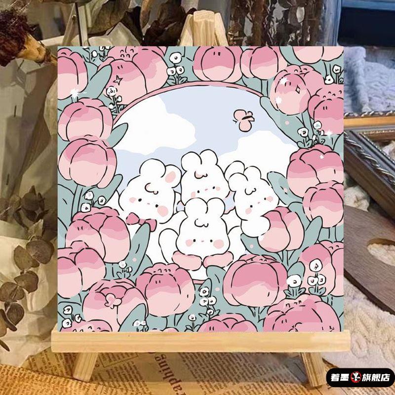 diy数字油彩填充画花中小兔油画填色儿童手