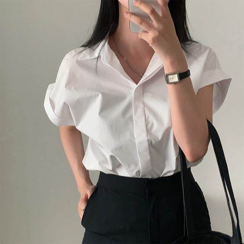 女士翻领内扣短袖衬衫白色袖t恤女2026新款夏薄款轻奢高级感短款
