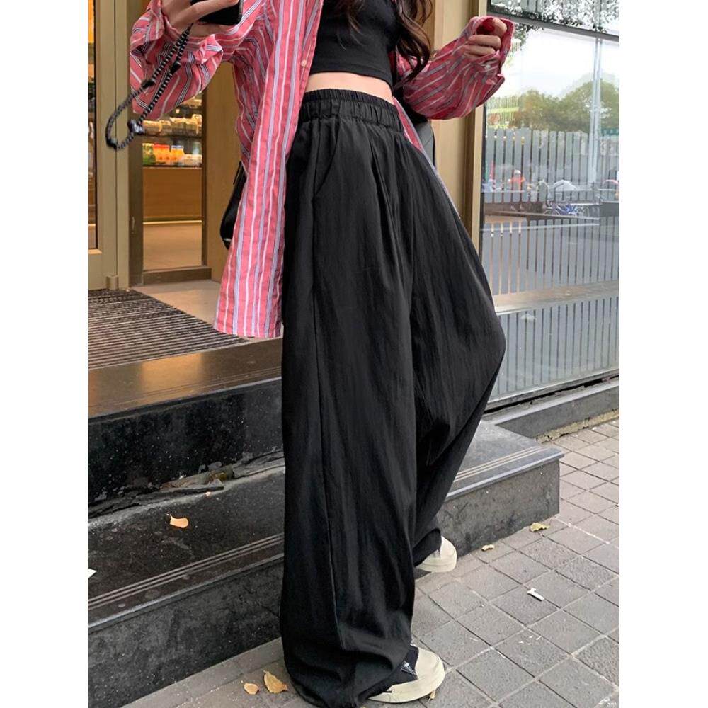 女士大码冰丝显瘦阔腿裤黑色阔腿休闲裤女夏胖mm宽松垂感慵懒直筒