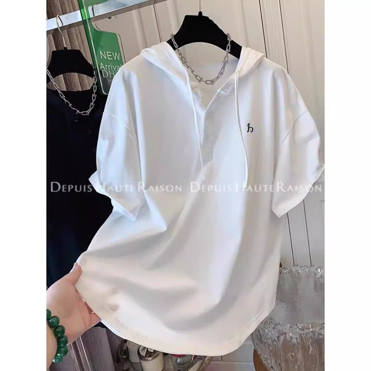 大码孕妇宽松运动上衣300斤胖妹妹连帽短袖T恤夏季设计感百搭半袖