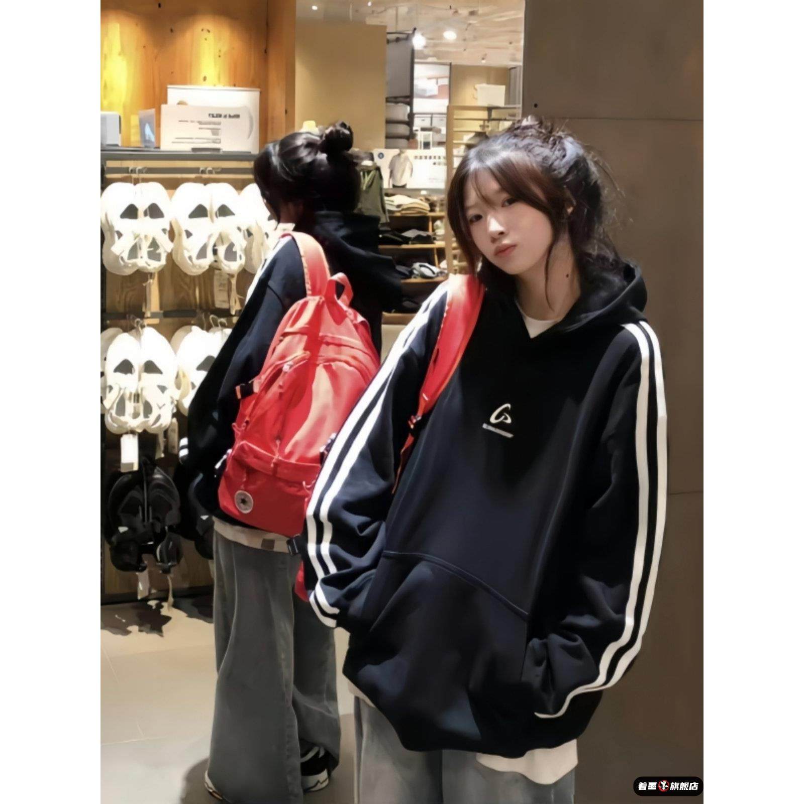 三条杠连帽卫衣女大童春秋2025初中高中学生宽松休闲纯棉上衣外套