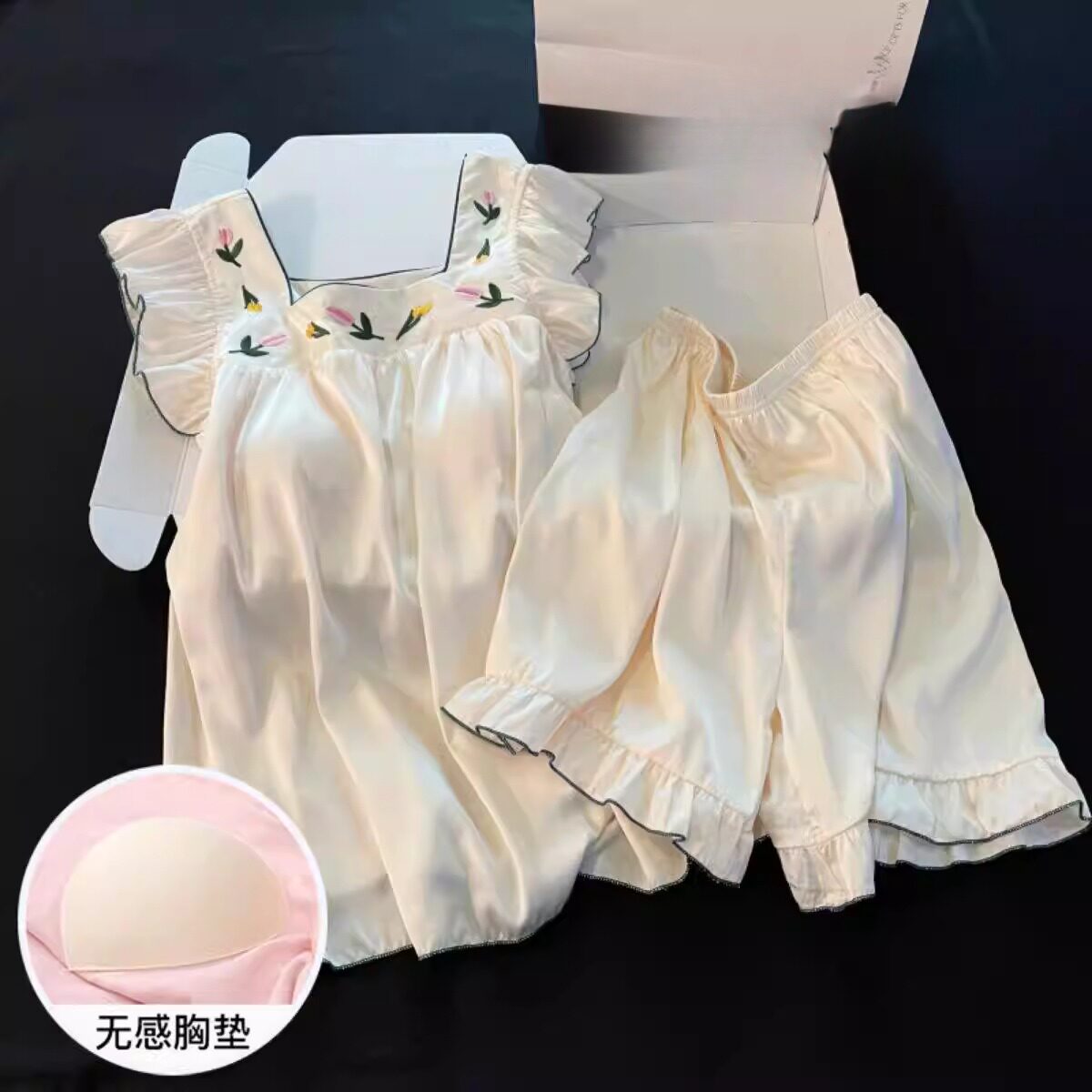 女士可外穿短袖睡衣套装冰雪丝夏季吊带大码凉感薄款带胸垫方领