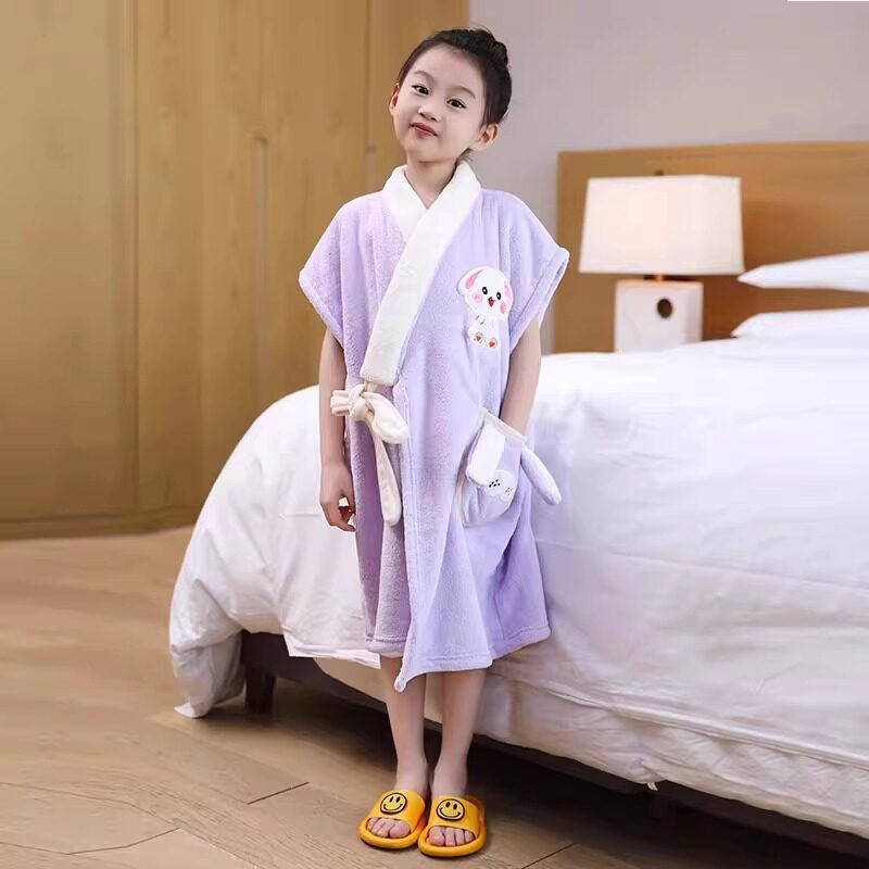 儿童可穿浴巾式睡袍可爱卡通浴袍纱布吸水毛巾料男孩女孩洗澡浴巾