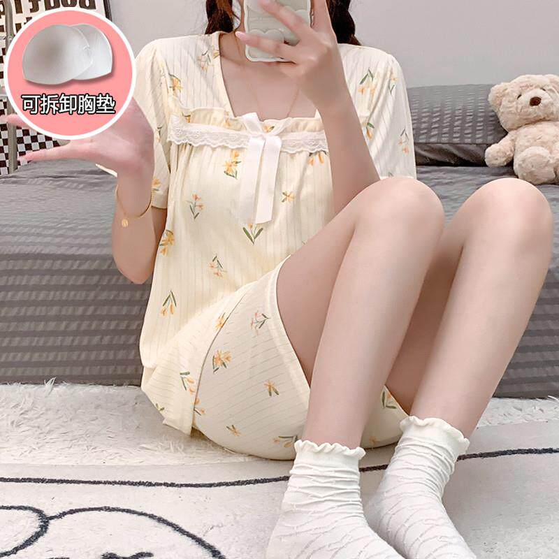 小个子孕妇睡衣带胸垫外穿夏季月子服薄款产后牛奶丝短袖哺乳女款