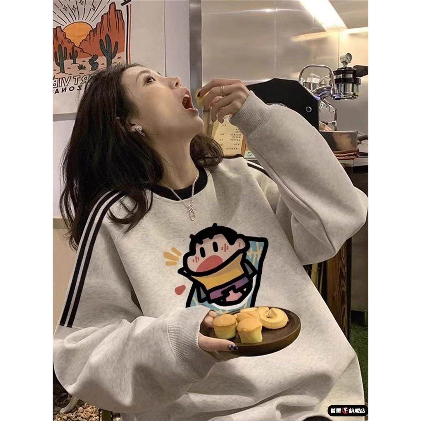 白灰纯棉圆领卫衣女大童2025秋冬新款初中高中学生宽松加绒上衣服