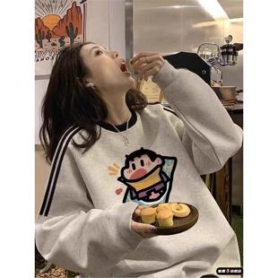 白灰圆领卫衣女大童2025秋冬新款初中高中学生宽松加绒上衣服