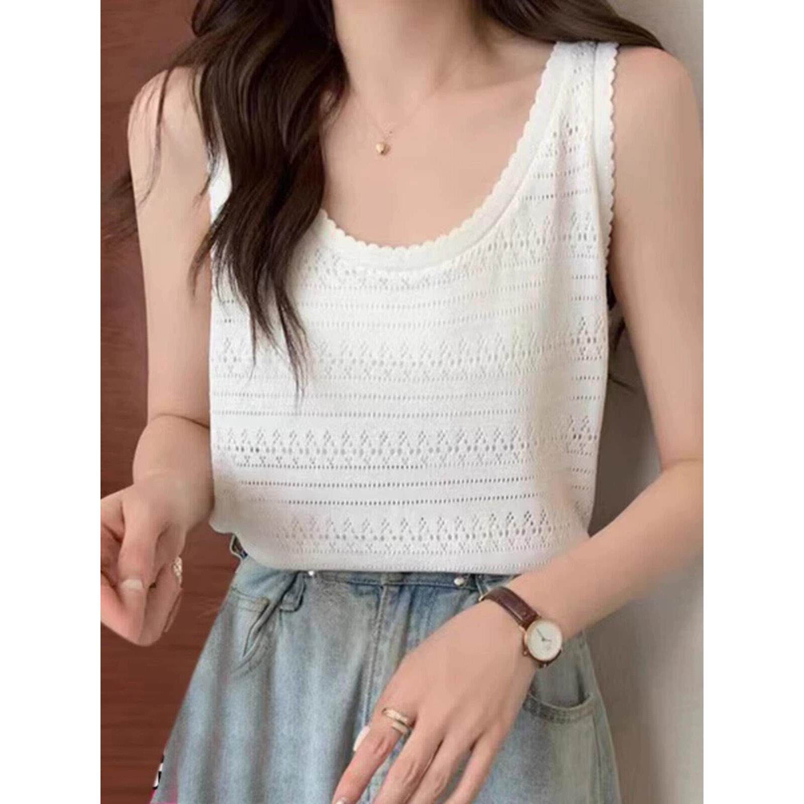 镂空针织钩花U领吊带法式慵懒风背心女士无袖上衣夏季薄款百搭