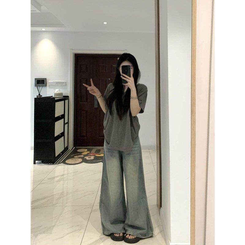 女士v领t恤宽松慵懒风美式正肩显瘦纯色短袖女夏季小个子港味复古