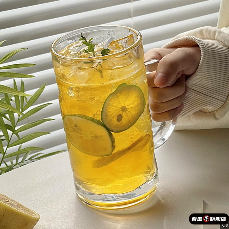 啤酒杯轻奢高档家用带把大容量水果茶玻璃杯