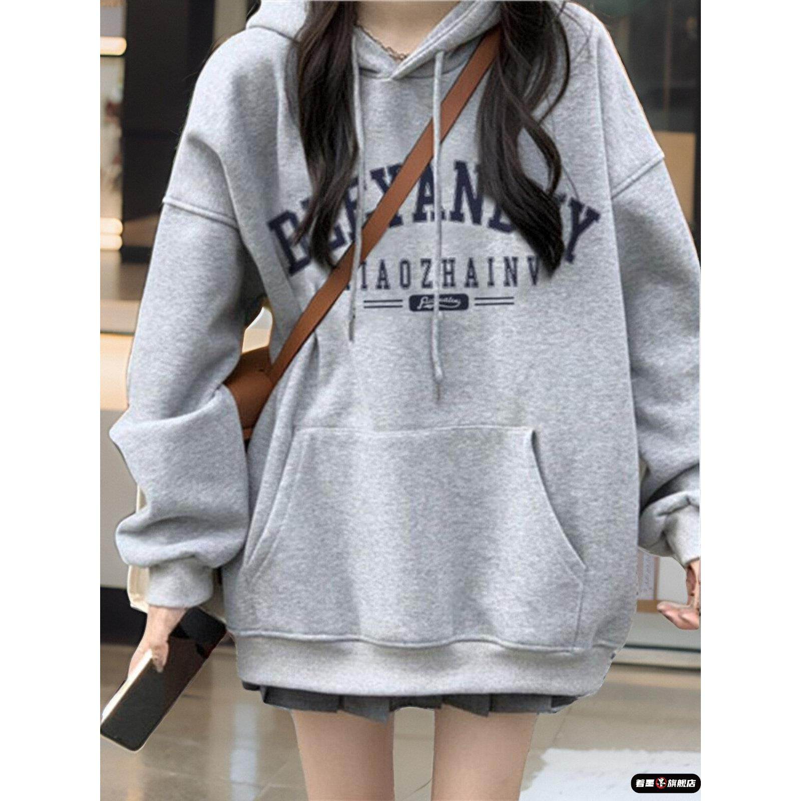 灰色连帽卫衣女大童2025春秋冬爆款初中高中学生宽松oversize外套