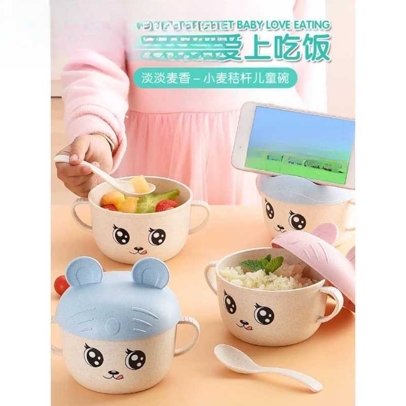 小麦秸秆儿童餐具婴幼儿套装饭碗可爱防摔隔热辅食宝宝碗卡通带盖
