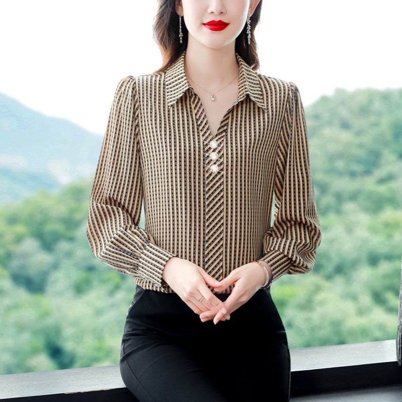 品哥弟新款条纹衬衫女士春秋2023年洋气上衣时尚雪纺小衫长袖衬衣