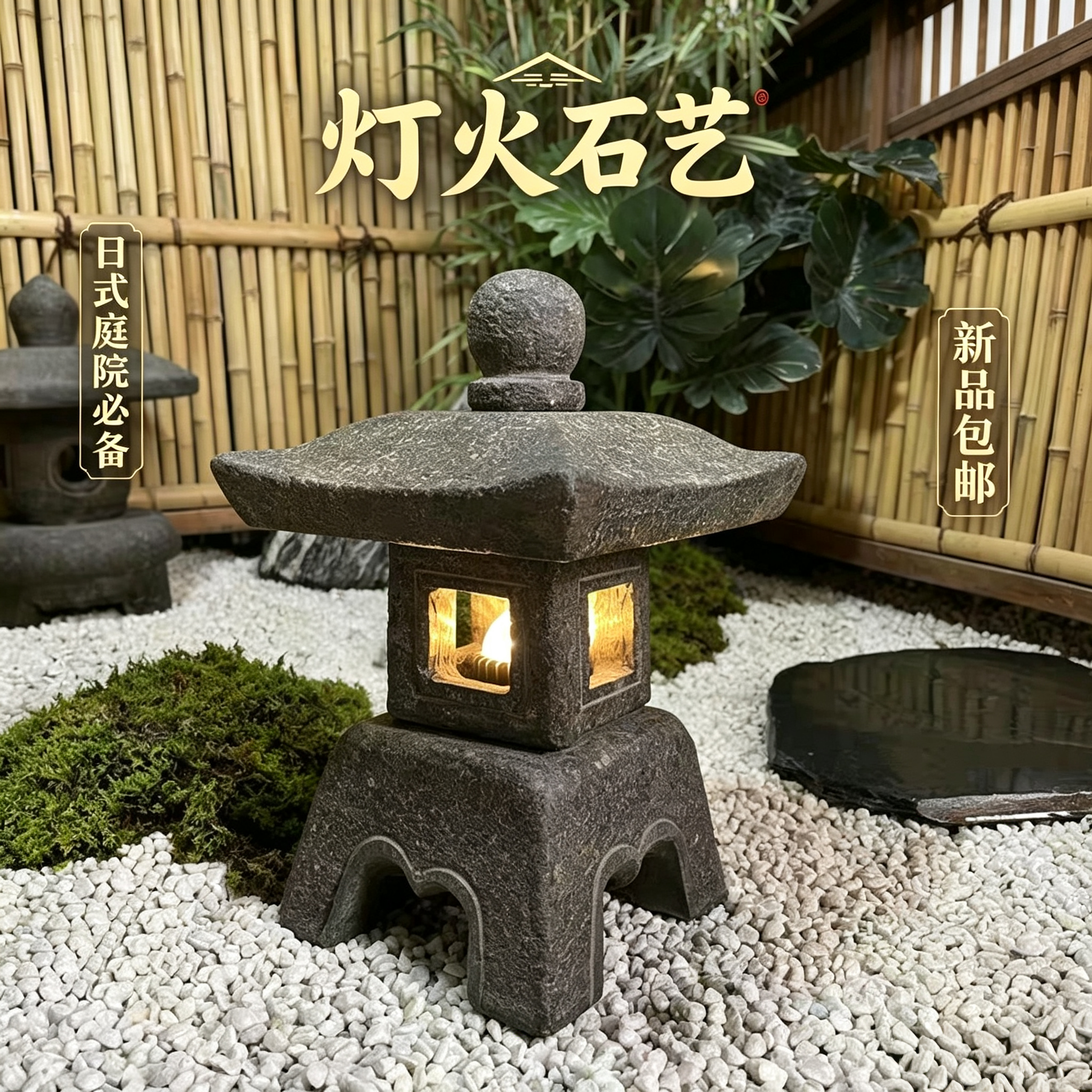 庭院石灯日式石灯笼青石仿古头灯户外中式电石灯园林景观石雕摆件