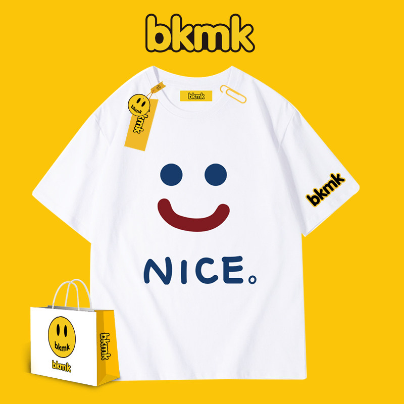 bkmk美式潮牌创意文字笑脸圆领t恤半袖2024夏新款男装上衣服纯棉