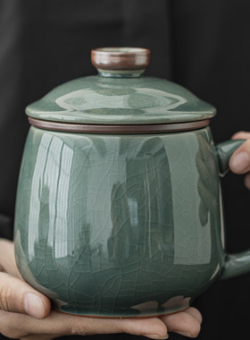 汝窑办公杯茶水分离茶杯办公室带盖子陶瓷个人男女过滤泡茶马克水