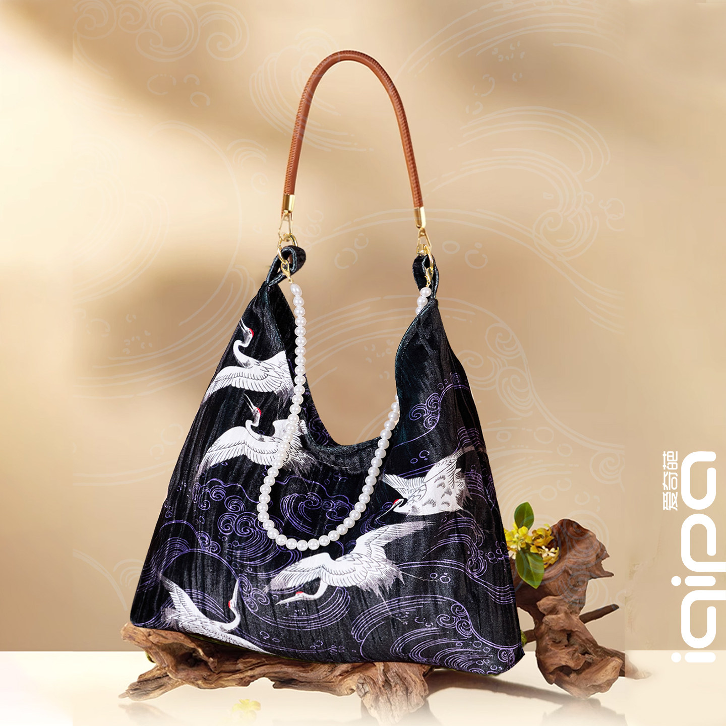 爱奇葩原创珍珠链丝绒手提包单肩包瑞鹤归云国风文创新中式包包,箱包皮具/热销女包/男包,时尚帆布包,淘宝优惠券,粉丝福利购,淘宝优惠卷