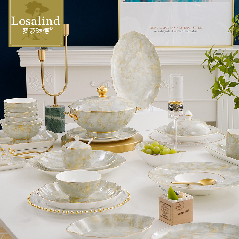 骨瓷手工描金碗盘碟勺自由搭配