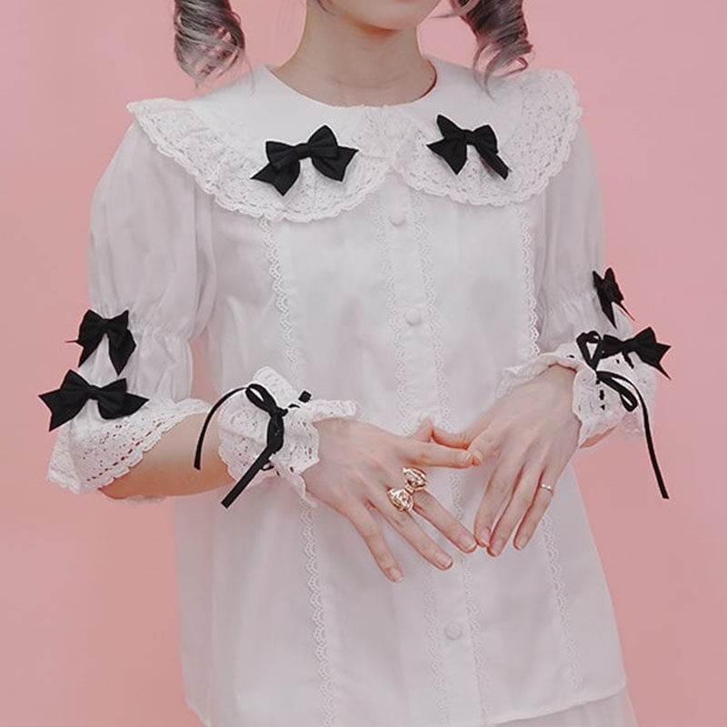axesfemme娃娃领蝴蝶结撞色蕾丝花边拼接lolita可爱衬衫LD81X09C