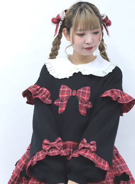 axesfemme苏格兰格纹圆领蝴蝶结拼接荷叶边套头宽松上衣LD31X01C