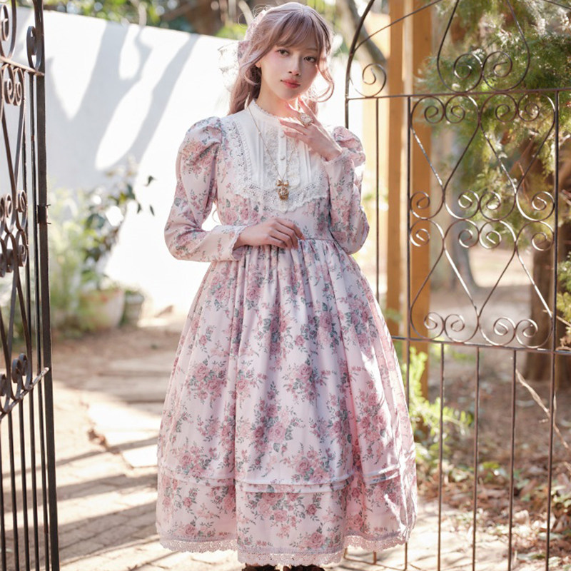 axesfemme日系古典优雅玫瑰花纹蕾丝lolita长袖连衣裙TS361X01C