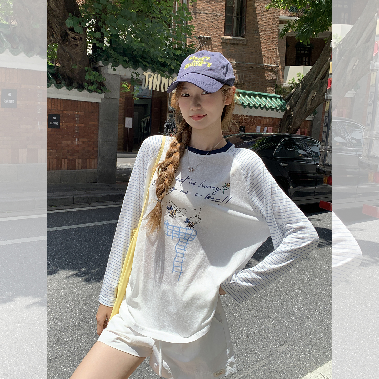 米白凉感罩衫长袖t恤女字母印花薄款微透慵懒薄上衣