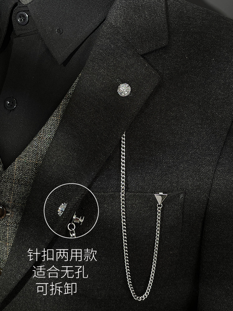 三角扣插花眼领链高档驳头链男西装胸针链条礼服结婚胸花风衣配饰