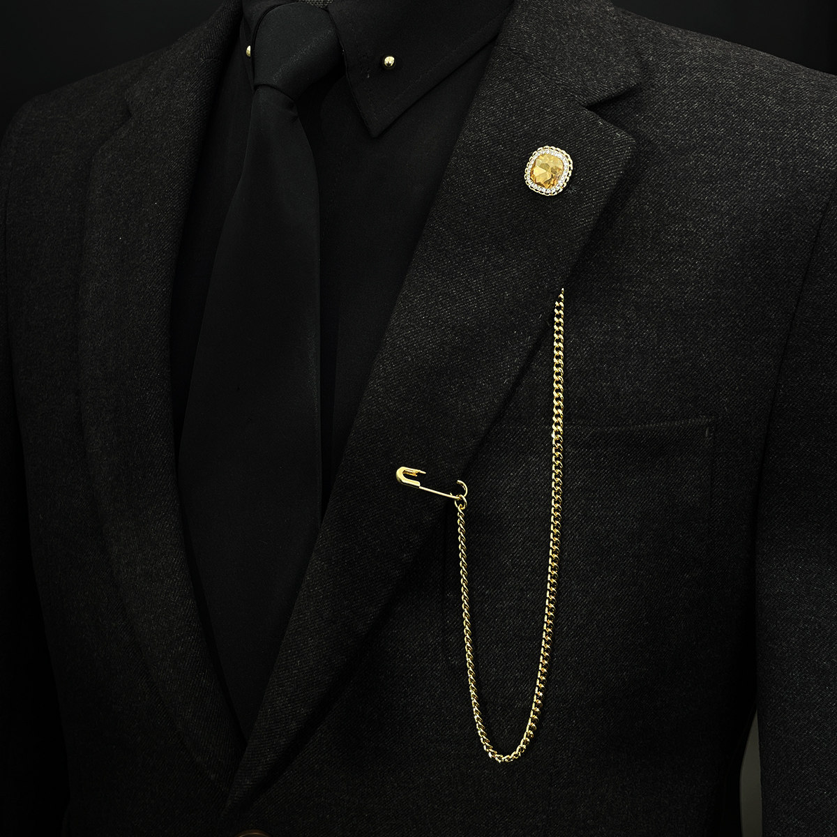 领针长链条男士西装马甲链国风古装复古水晶驳头链礼服胸针