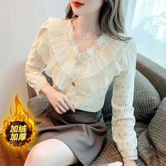 加绒加厚秋冬新款打底衫女镂空荷叶边打底蕾丝衬衫时尚百搭上衣