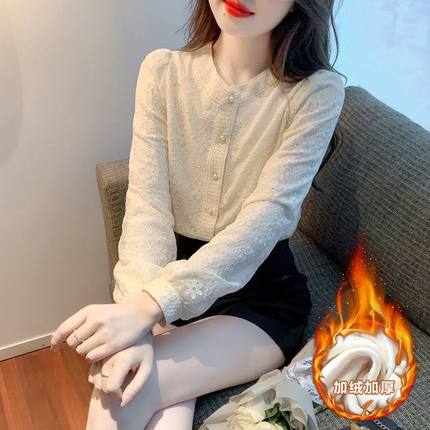 加绒加厚衬衫女2024秋冬新款打底衫蕾丝洋气时尚小衫显瘦气质上衣
