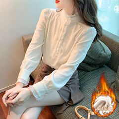 秋冬加绒加厚木耳花边立领长袖衬衫女气质时尚内搭打底洋气小衫潮