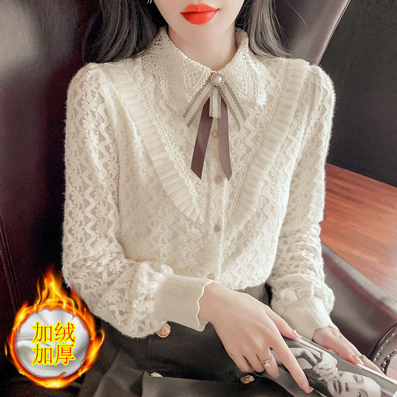 加绒加厚蕾丝打底衫女秋冬新款娃娃领时尚洋气衬衫设计感显瘦上衣