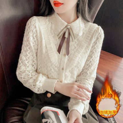 加绒加厚秋冬新款蕾丝打底衫女时尚宽松娃娃领长袖衬衫设计感上衣