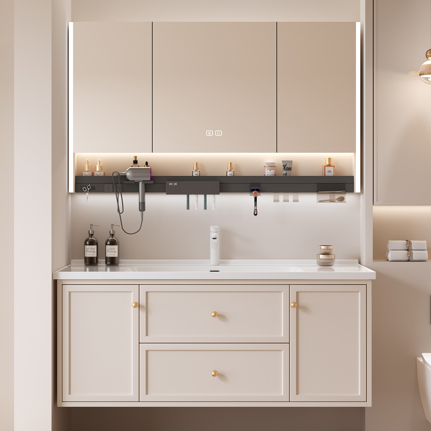 卫生间奶油风智能浴室柜多层实木陶瓷一体盆洗手洗脸盆柜组合