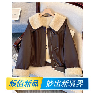 小香风羊羔毛娃娃大翻领pu皮衣外套女加绒加厚2025初冬装新款夹克