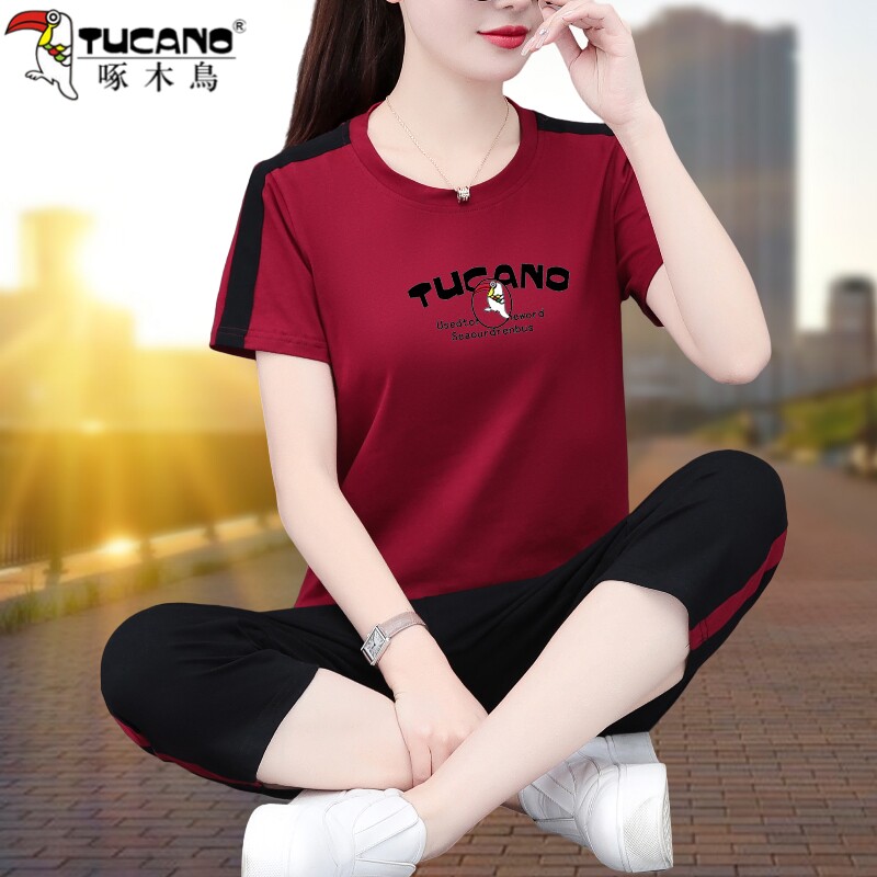 啄木鸟纯棉短袖七分裤女夏季休闲运动服套装减龄中年妈妈装两件套