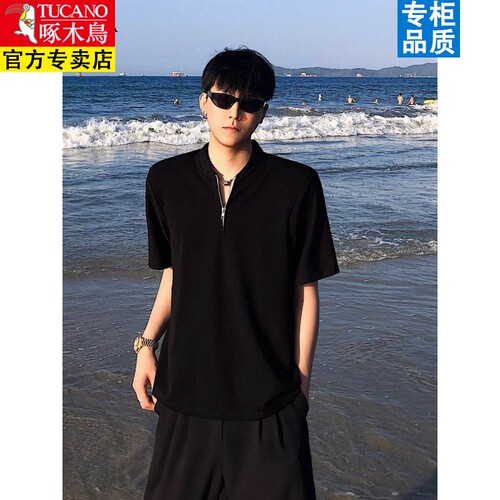 2025新休闲百搭男夏季设计感韩版宽松时尚垫肩廓形半拉链短袖T恤