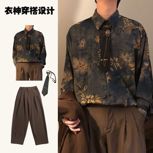 三件套/春秋季美式潮牌休闲新中式古着感印花宽松长袖衬衫上衣男