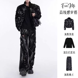 男小众痞帅三件套装 美式 黑暗风潮牌高级感泼墨牛仔外套破洞阔腿裤