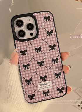韩系蝴蝶结格纹手机壳12苹果14promax甜美11适用iPhone15皮质13冬