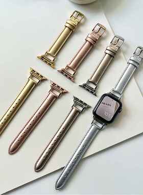 适用于苹果iwatch8新款方扣亮面皮质表带47mm44/41/45/40mm量大优