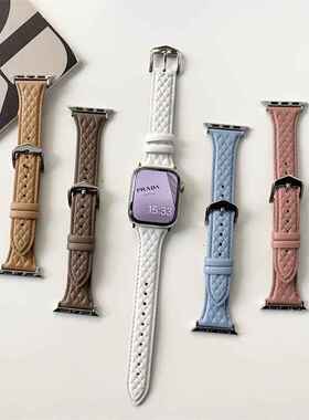 适用苹果手表iwatch8代7se表带Ultra新款修身压纹车线皮质表带