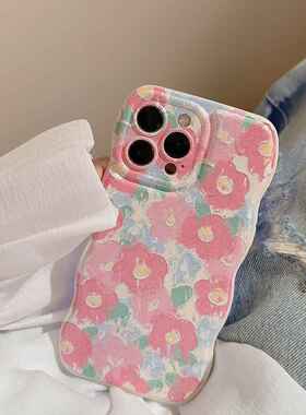 油画少女粉花朵iphone15苹果14promax手机壳波浪边13硅胶12适用11