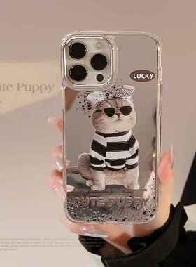 适用13promax墨镜猫咪12苹果iPhone14手机壳11潮酷搞怪15电镀镜面