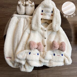 女童珊瑚绒睡衣冬季加厚加绒卡通连帽卡通兔子毛绒家居服保暖套装