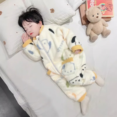 儿童连体睡衣秋冬季法兰绒保暖男孩幼儿宝宝睡袋男童珊瑚绒连体衣