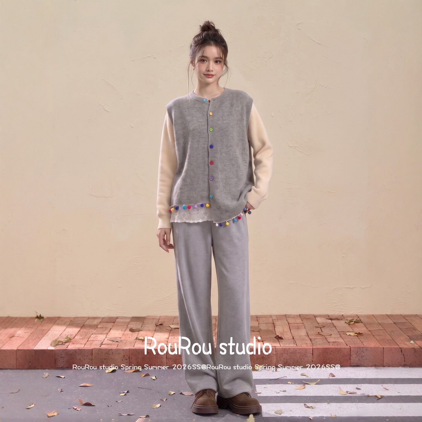 RouRou大码女装韩版打底衫+针织马甲+蕾丝休闲裤胖mm三套装秋上新