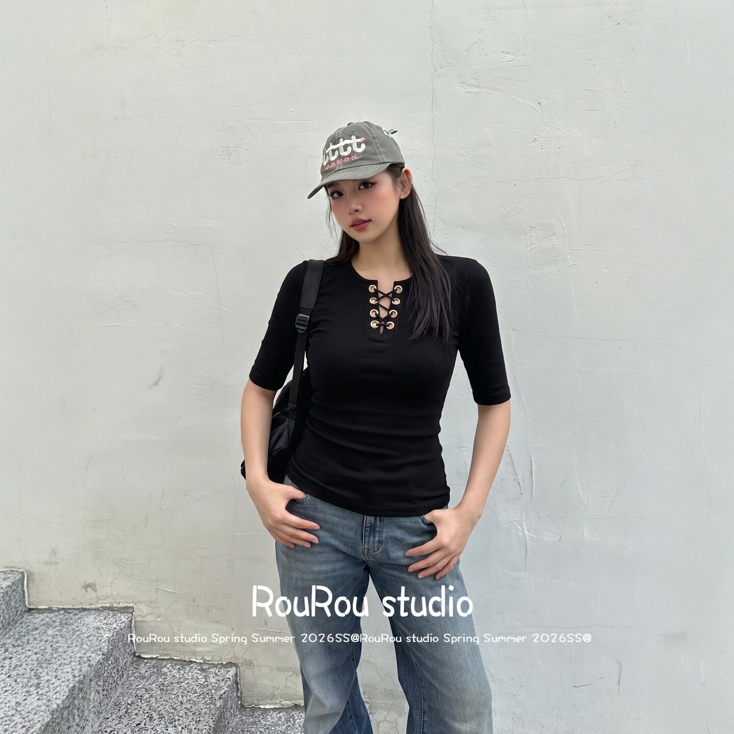 RouRou大码女装法式正肩设计感五分袖修身上衣胖mm辣妹风秋早上新