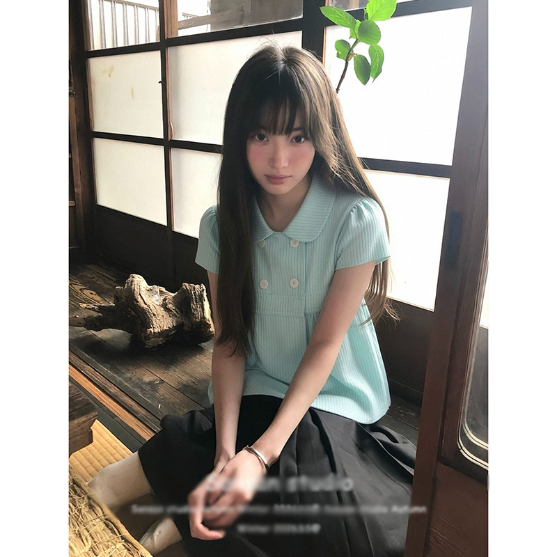 学院风条纹短袖衬衫女夏季穿搭