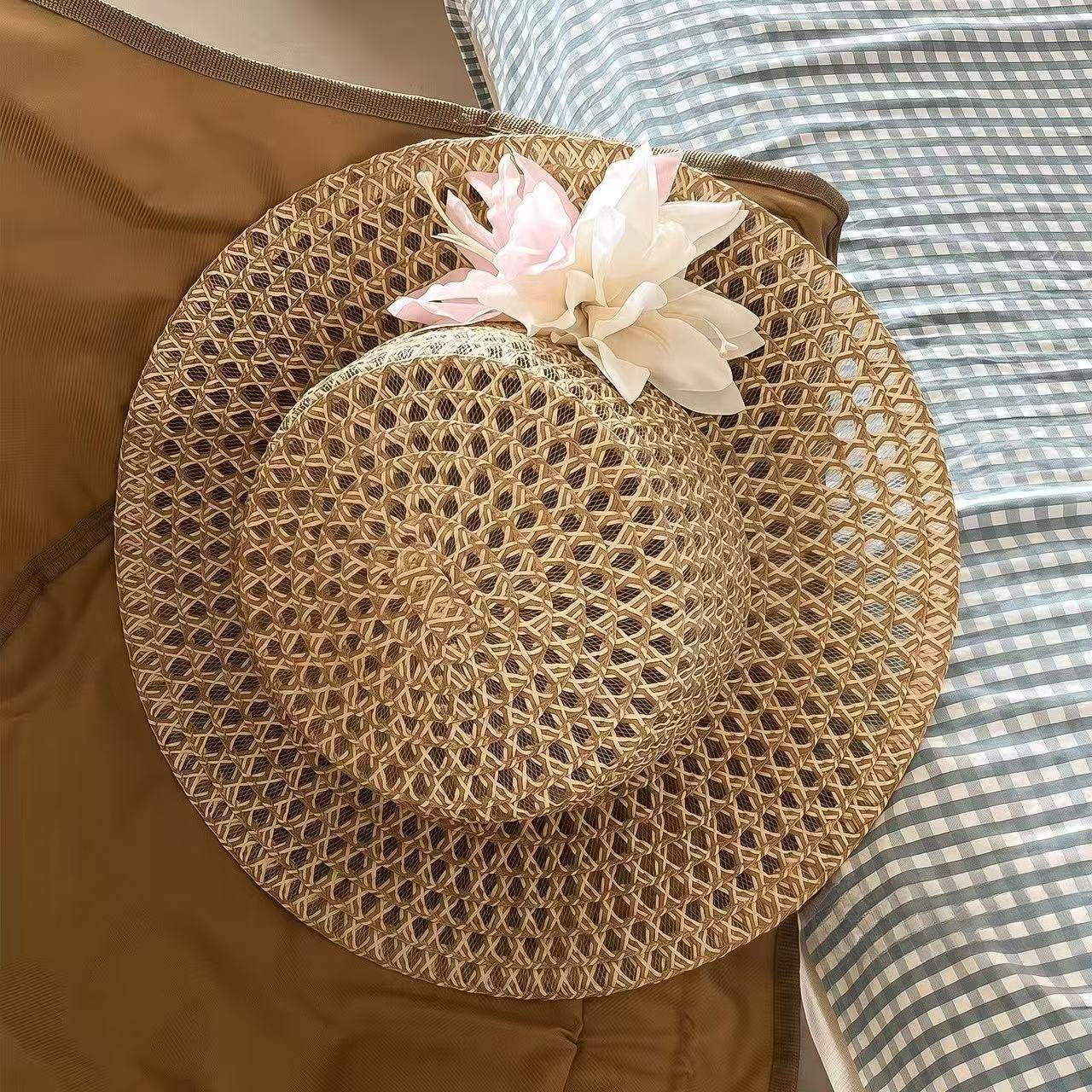 法式花朵平顶草帽女夏防晒遮阳帽
