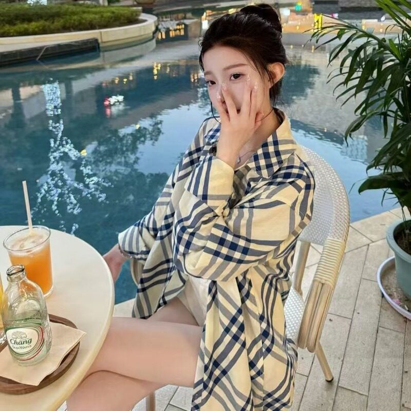 新款格子蓝白条纹长袖衬衫夏日